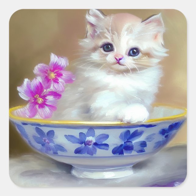 Vintage White Kitten Illustration Square Sticker (Front)