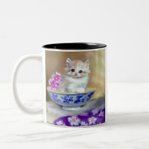 Vintage White Kitten Illustration Two-Tone Coffee Mug