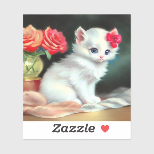 Vintage White Kitten Illustration with Red Flowers (Sheet)