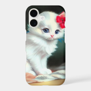 Vintage White Kitten Illustration with Red Flowers