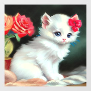 Vintage White Kitten Illustration with Red Flowers