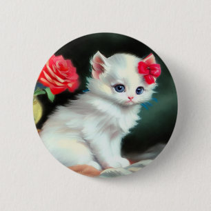 Vintage White Kitten Illustration with Red Flowers 6 Cm Round Badge