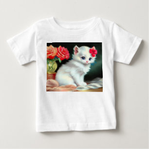 Vintage White Kitten Illustration with Red Flowers Baby T-Shirt
