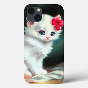 Vintage White Kitten Illustration with Red Flowers iPhone 13 Case