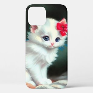 Vintage White Kitten Illustration with Red Flowers iPhone 12 Case