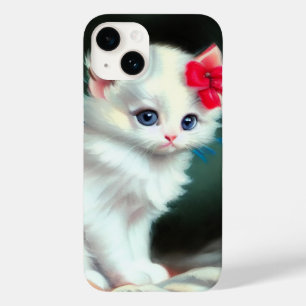 Vintage White Kitten Illustration with Red Flowers Case-Mate iPhone 14 Case