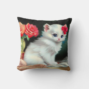 Vintage White Kitten Illustration with Red Flowers Cushion