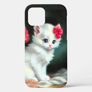 Vintage White Kitten Illustration with Red Flowers iPhone 12 Case