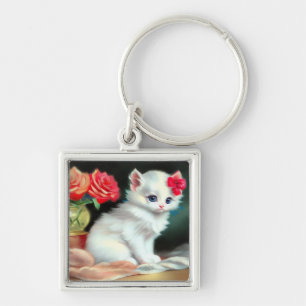 Vintage White Kitten Illustration with Red Flowers Key Ring