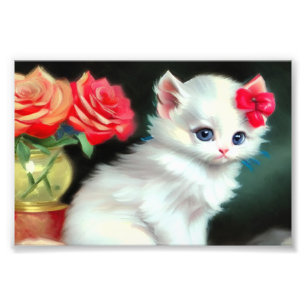 Vintage White Kitten Illustration with Red Flowers Photo Print