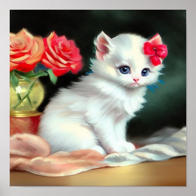 Vintage White Kitten Illustration with Red Flowers Poster (Front)