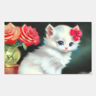 Vintage White Kitten Illustration with Red Flowers Rectangular Sticker