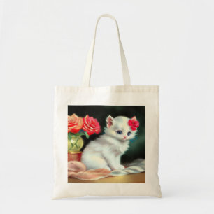 Vintage White Kitten Illustration with Red Flowers Tote Bag