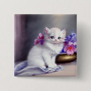 Vintage White Kitten with Pink and Purple Flowers 15 Cm Square Badge