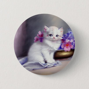 Vintage White Kitten with Pink and Purple Flowers 6 Cm Round Badge