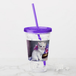 Vintage White Kitten with Pink and Purple Flowers Acrylic Tumbler