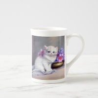 Vintage White Kitten with Pink and Purple Flowers