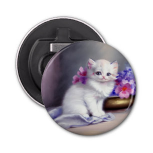 Vintage White Kitten with Pink and Purple Flowers Bottle Opener