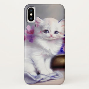 Vintage White Kitten with Pink and Purple Flowers Case-Mate iPhone Case