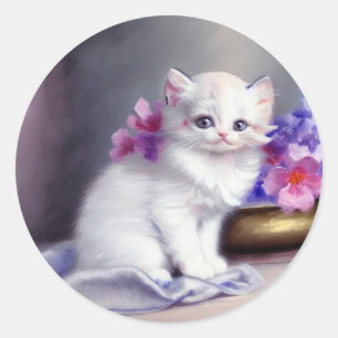 Vintage White Kitten with Pink and Purple Flowers Classic Round Sticker