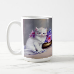 Vintage White Kitten with Pink and Purple Flowers Coffee Mug