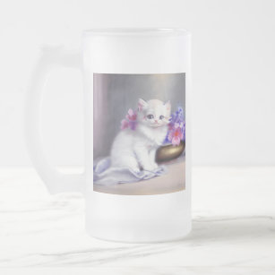 Vintage White Kitten with Pink and Purple Flowers Frosted Glass Beer Mug