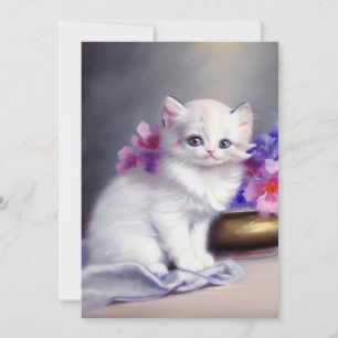 Vintage White Kitten with Pink and Purple Flowers Invitation