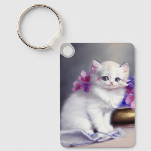 Vintage White Kitten with Pink and Purple Flowers Key Ring
