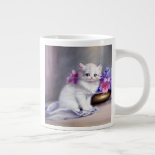 Vintage White Kitten with Pink and Purple Flowers Large Coffee Mug