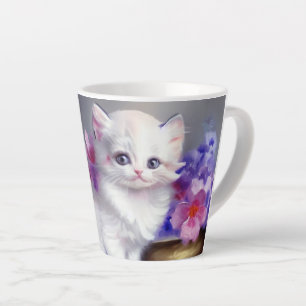 Vintage White Kitten with Pink and Purple Flowers Latte Mug