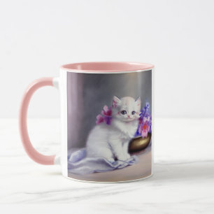 Vintage White Kitten with Pink and Purple Flowers Mug