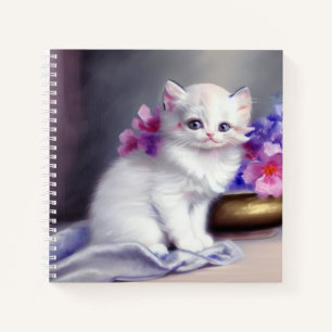Vintage White Kitten with Pink and Purple Flowers Notebook