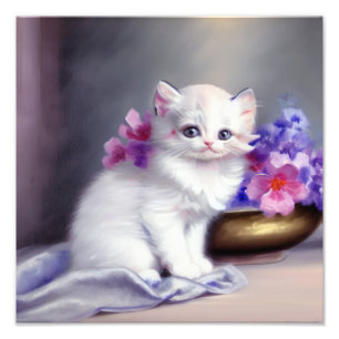 Vintage White Kitten with Pink and Purple Flowers Photo Print