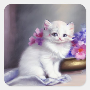 Vintage White Kitten with Pink and Purple Flowers Square Sticker