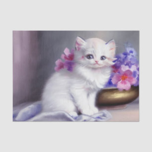 Vintage White Kitten with Pink and Purple Flowers Tissue Paper