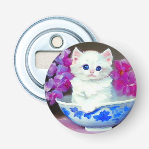 Vintage White Kitten with Pink Flowers Bottle Opener