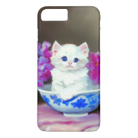 Vintage White Kitten with Pink Flowers