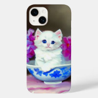 Vintage White Kitten with Pink Flowers