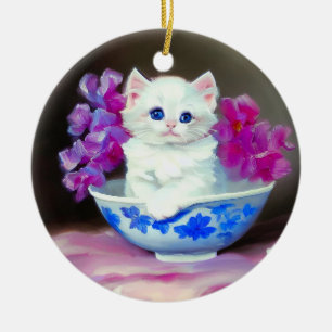 Vintage White Kitten with Pink Flowers Ceramic Ornament