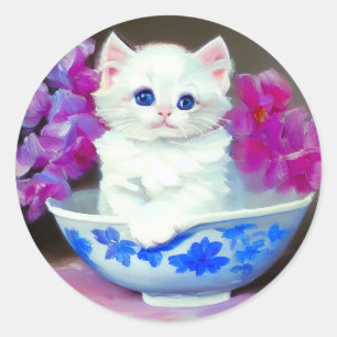Vintage White Kitten with Pink Flowers Classic Round Sticker