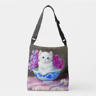 Vintage White Kitten with Pink Flowers  Crossbody Bag