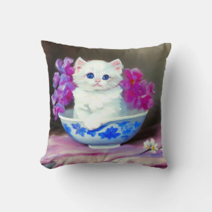 Vintage White Kitten with Pink Flowers Cushion