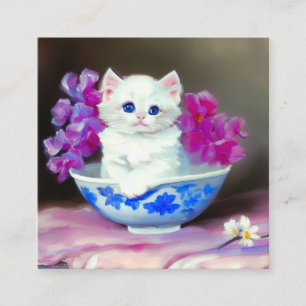 Vintage White Kitten with Pink Flowers  Enclosure Card