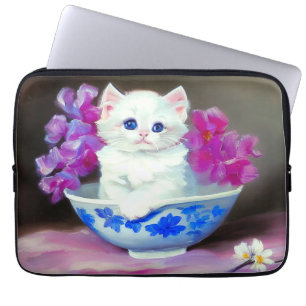 Vintage White Kitten with Pink Flowers Laptop Sleeve