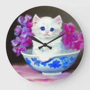 Vintage White Kitten with Pink Flowers Large Clock