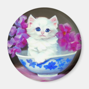 Vintage White Kitten with Pink Flowers  Magnet