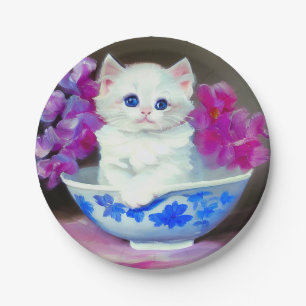 Vintage White Kitten with Pink Flowers Paper Plate