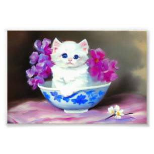 Vintage White Kitten with Pink Flowers  Photo Print