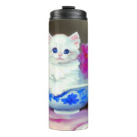 Vintage White Kitten with Pink Flowers