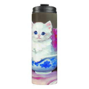 Vintage White Kitten with Pink Flowers  Thermal Tumbler